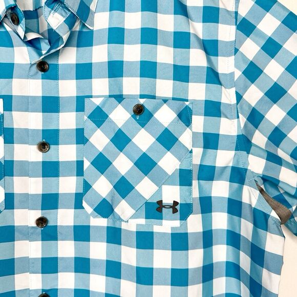 Under Armour Shirt Adult XL Teal Blue Plaid Vented Button‎ Up Short Sleeve Mens - Picture 4 of 5